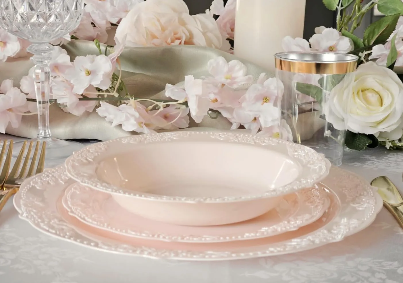" OCCASIONS " 150 Piece set (25 Guests) Vintage Wedding Party Disposable Dinnerware Set Plastic Plates 10.25'', 7.5''   Silverware w/double fork (Portofino Light Pink, Gold Silverware)