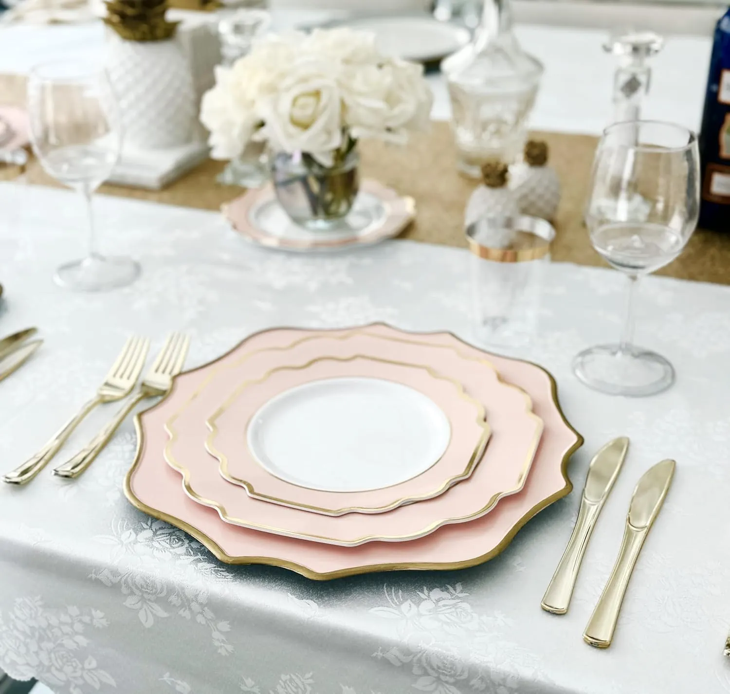 " OCCASIONS " 150 Piece set (25 Guests)-Wedding Plastic Plates & cutlery -Disposable heavyweight Dinnerware 10.5'', 8''   Silverware w/double fork (Imperial in Blush Pink & Gold)
