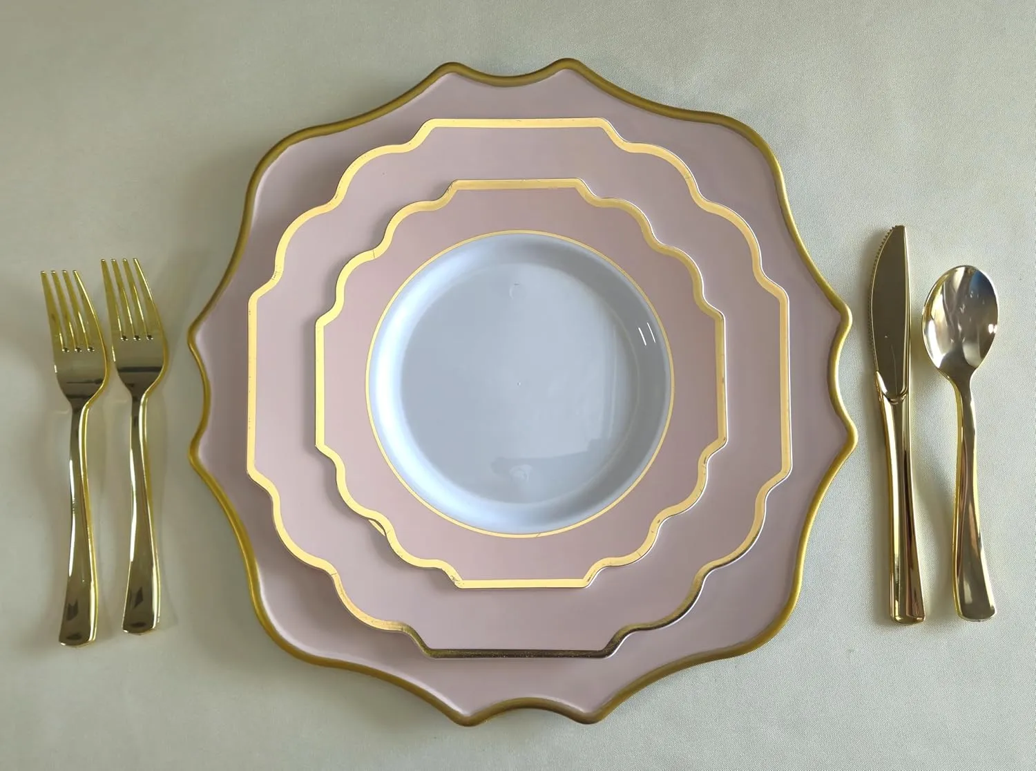 " OCCASIONS " 150 Piece set (25 Guests)-Wedding Plastic Plates & cutlery -Disposable heavyweight Dinnerware 10.5'', 8''   Silverware w/double fork (Imperial in Blush Pink & Gold)