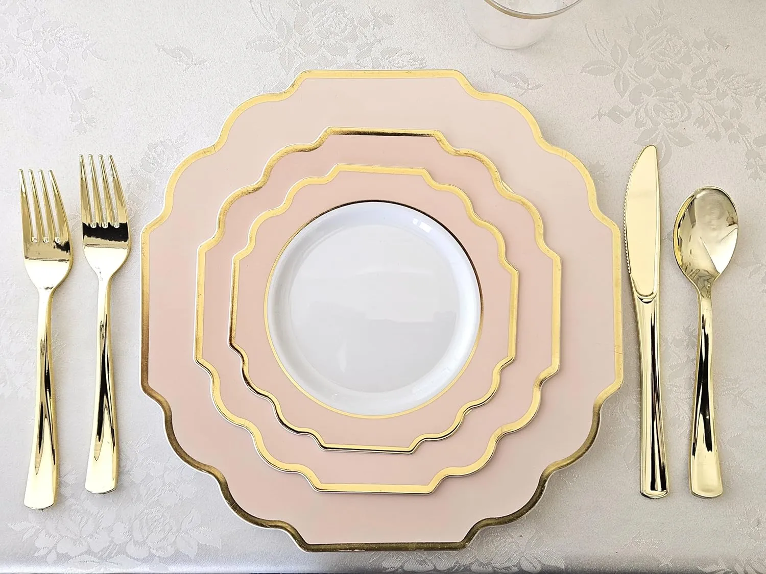 " OCCASIONS " 150 Piece set (25 Guests)-Wedding Plastic Plates & cutlery -Disposable heavyweight Dinnerware 10.5'', 8''   Silverware w/double fork (Imperial in Blush Pink & Gold)