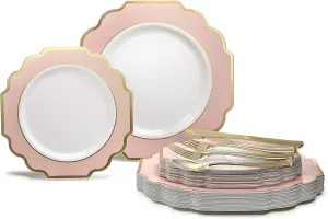 " OCCASIONS " 150 Piece set (25 Guests)-Wedding Plastic Plates & cutlery -Disposable heavyweight Dinnerware 10.5'', 8''   Silverware w/double fork (Imperial in Blush Pink & Gold)