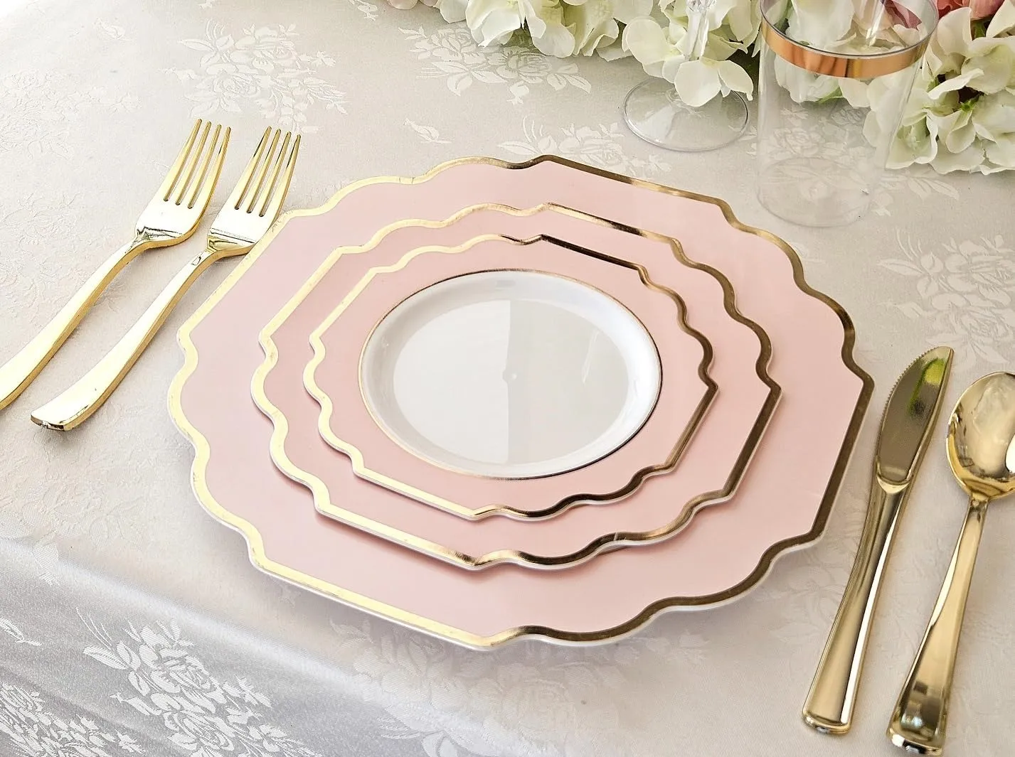 " OCCASIONS " 150 Piece set (25 Guests)-Wedding Plastic Plates & cutlery -Disposable heavyweight Dinnerware 10.5'', 8''   Silverware w/double fork (Imperial in Blush Pink & Gold)