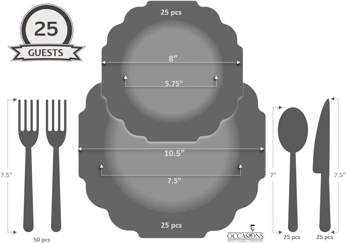 " OCCASIONS " 150 Piece set (25 Guests)-Wedding Plastic Plates & cutlery -Disposable heavyweight Dinnerware 10.5'', 8''   Silverware w/double fork (Imperial in Blush Pink & Gold)