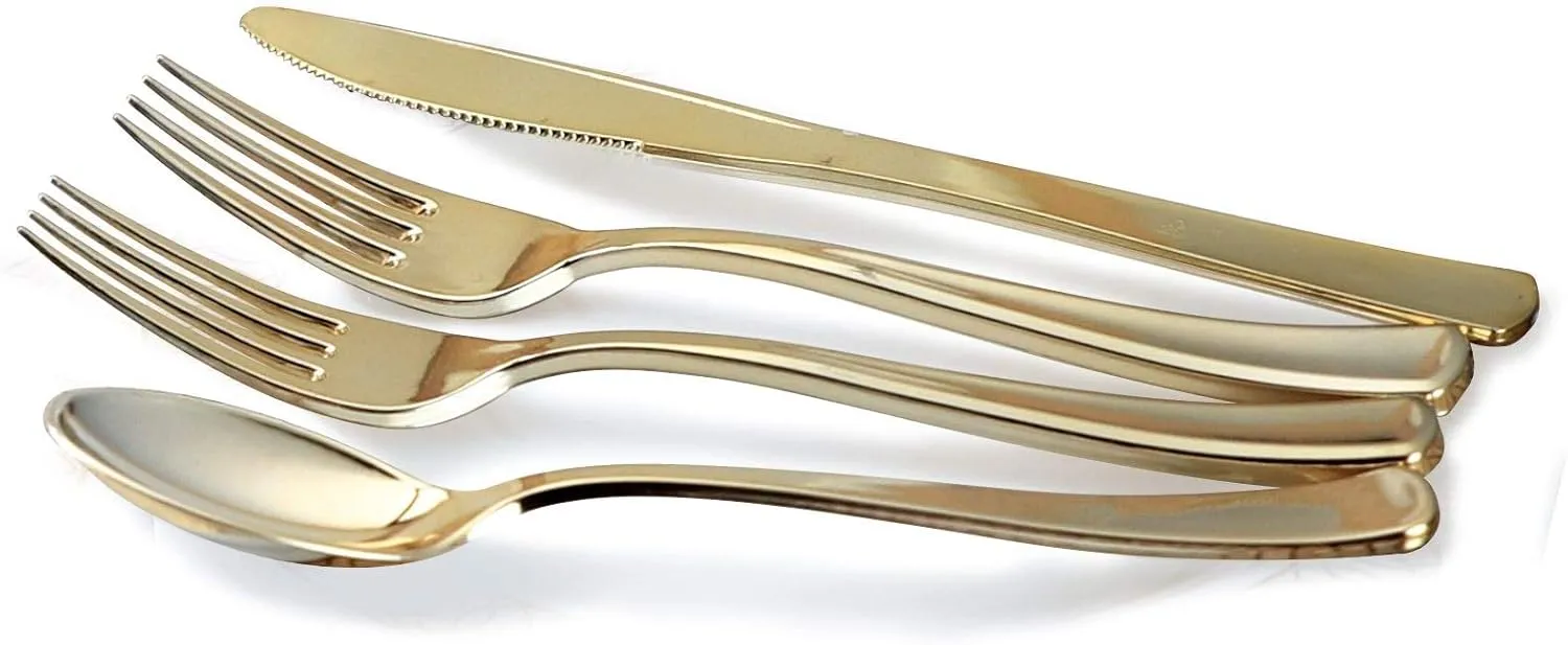" OCCASIONS " 150 Piece set (25 Guests)-Wedding Plastic Plates & cutlery -Disposable heavyweight Dinnerware 10.5'', 8''   Silverware w/double fork (Imperial in Blush Pink & Gold)