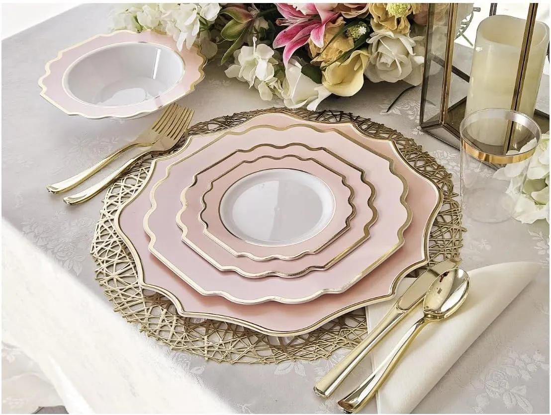 " OCCASIONS " 150 Piece set (25 Guests)-Wedding Plastic Plates & cutlery -Disposable heavyweight Dinnerware 10.5'', 8''   Silverware w/double fork (Imperial in Blush Pink & Gold)