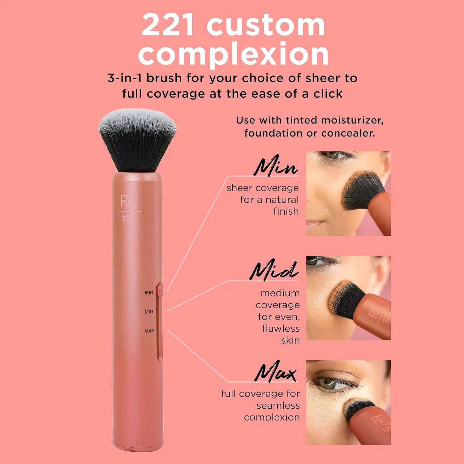Real Techniques Custom Complexion Foundation 3-in-1 Brush, Custom Slide For Foundation & Concealer, 3 Settings For Sheer, Medium, or Focused Application, Travel-Size Kabuki, Cruelty-Free, 1 Count