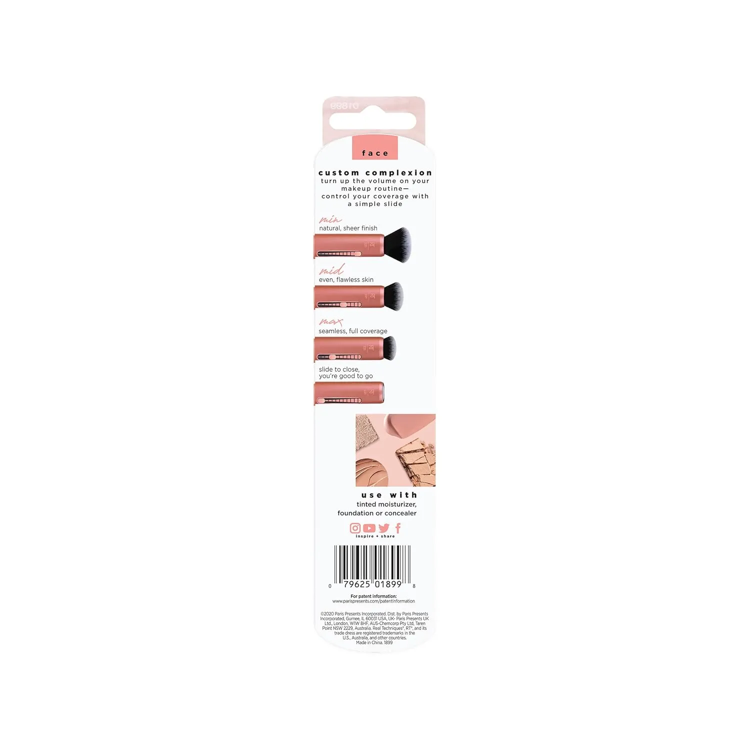 Real Techniques Custom Complexion Foundation 3-in-1 Brush, Custom Slide For Foundation & Concealer, 3 Settings For Sheer, Medium, or Focused Application, Travel-Size Kabuki, Cruelty-Free, 1 Count