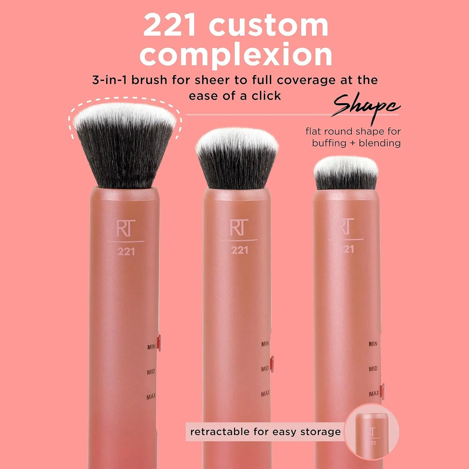 Real Techniques Custom Complexion Foundation 3-in-1 Brush, Custom Slide For Foundation & Concealer, 3 Settings For Sheer, Medium, or Focused Application, Travel-Size Kabuki, Cruelty-Free, 1 Count