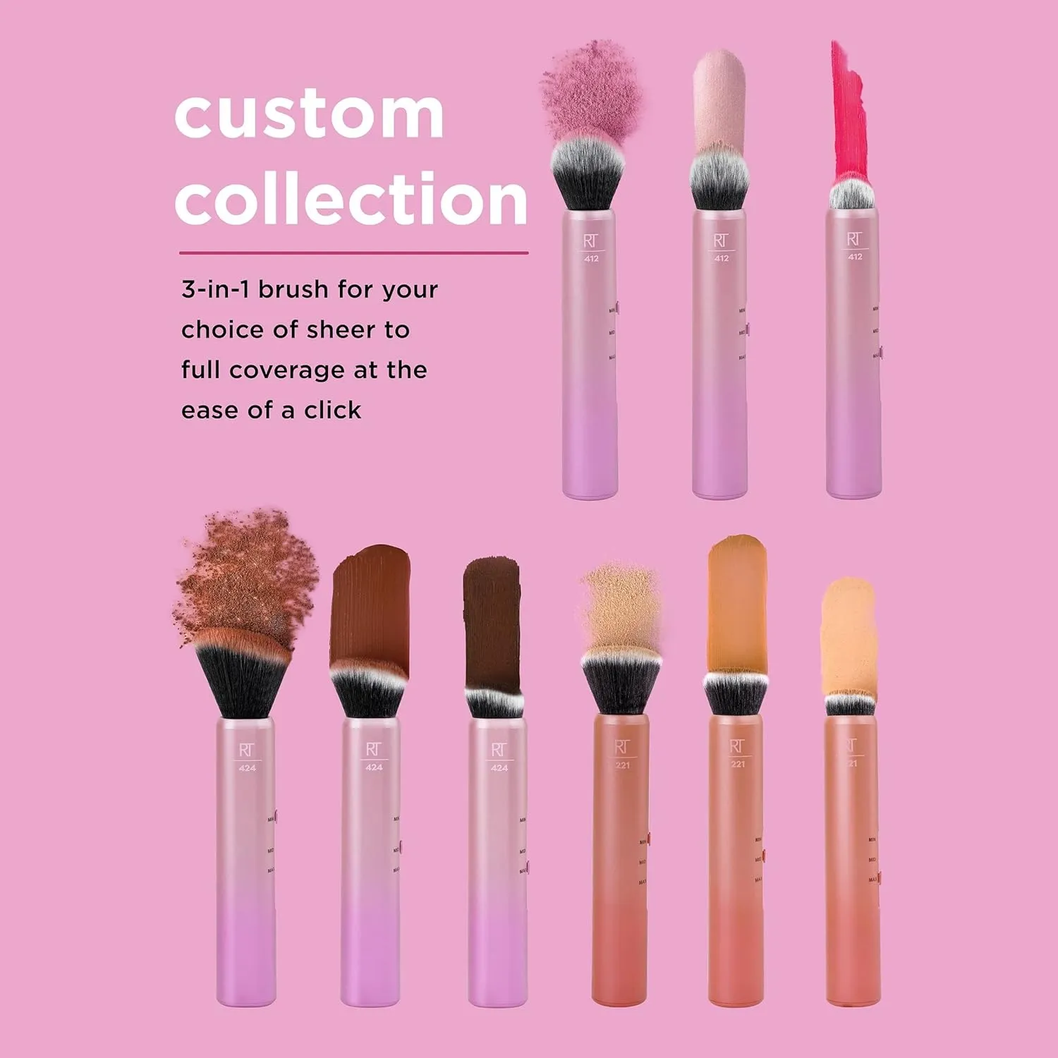 Real Techniques Custom Complexion Foundation 3-in-1 Brush, Custom Slide For Foundation & Concealer, 3 Settings For Sheer, Medium, or Focused Application, Travel-Size Kabuki, Cruelty-Free, 1 Count