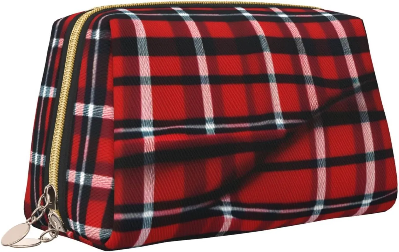 Red & Black Plaid Toiletry Pouch, Travel-Friendly Makeup Organizer For Makeup Brushes, Lipsticks