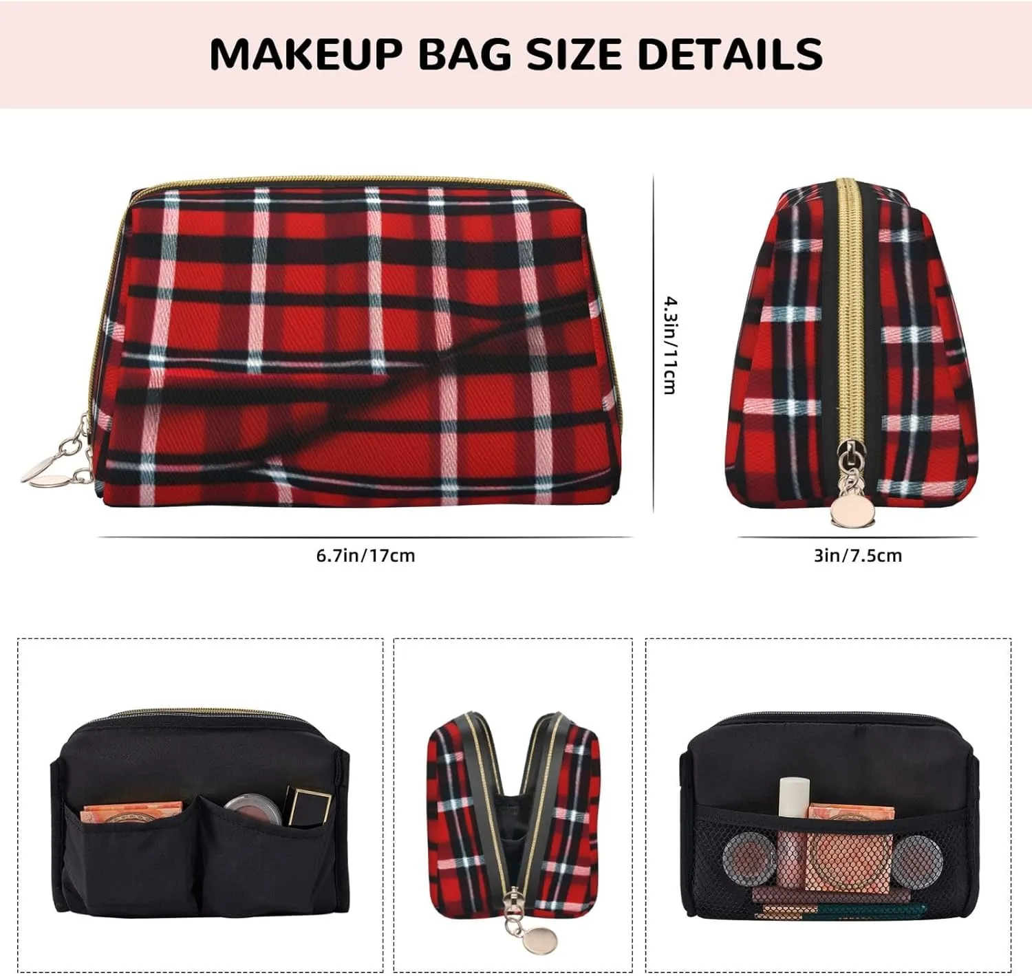 Red & Black Plaid Toiletry Pouch, Travel-Friendly Makeup Organizer For Makeup Brushes, Lipsticks