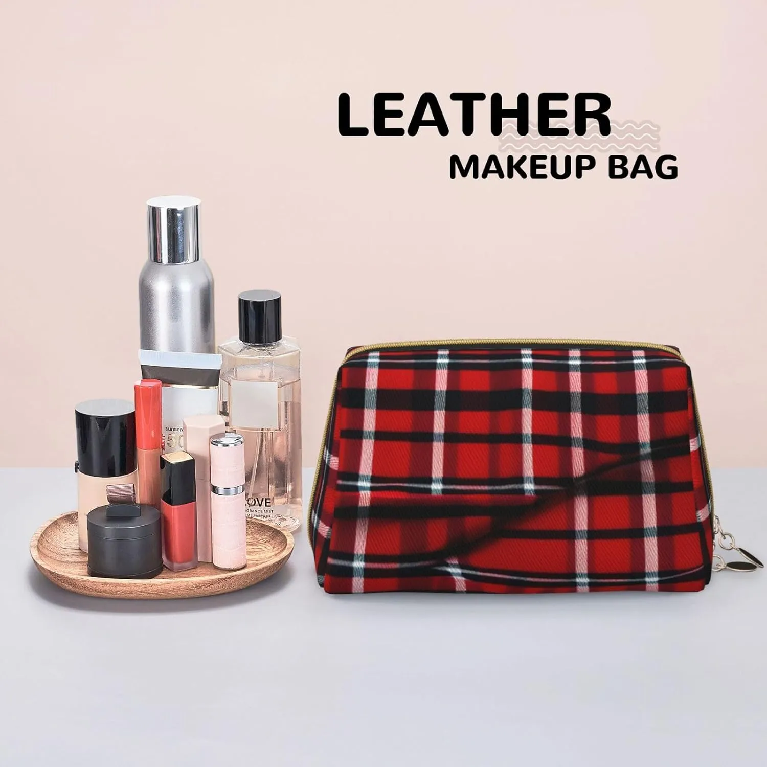 Red & Black Plaid Toiletry Pouch, Travel-Friendly Makeup Organizer For Makeup Brushes, Lipsticks