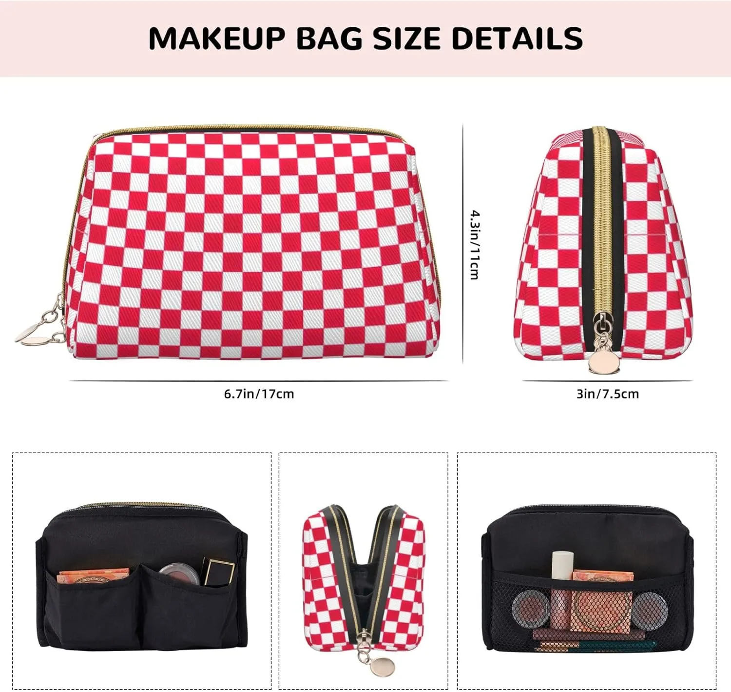 Red Checkered White Squares Toiletry Pouch, Travel-Friendly Makeup Organizer For Makeup Brushes, Lipsticks
