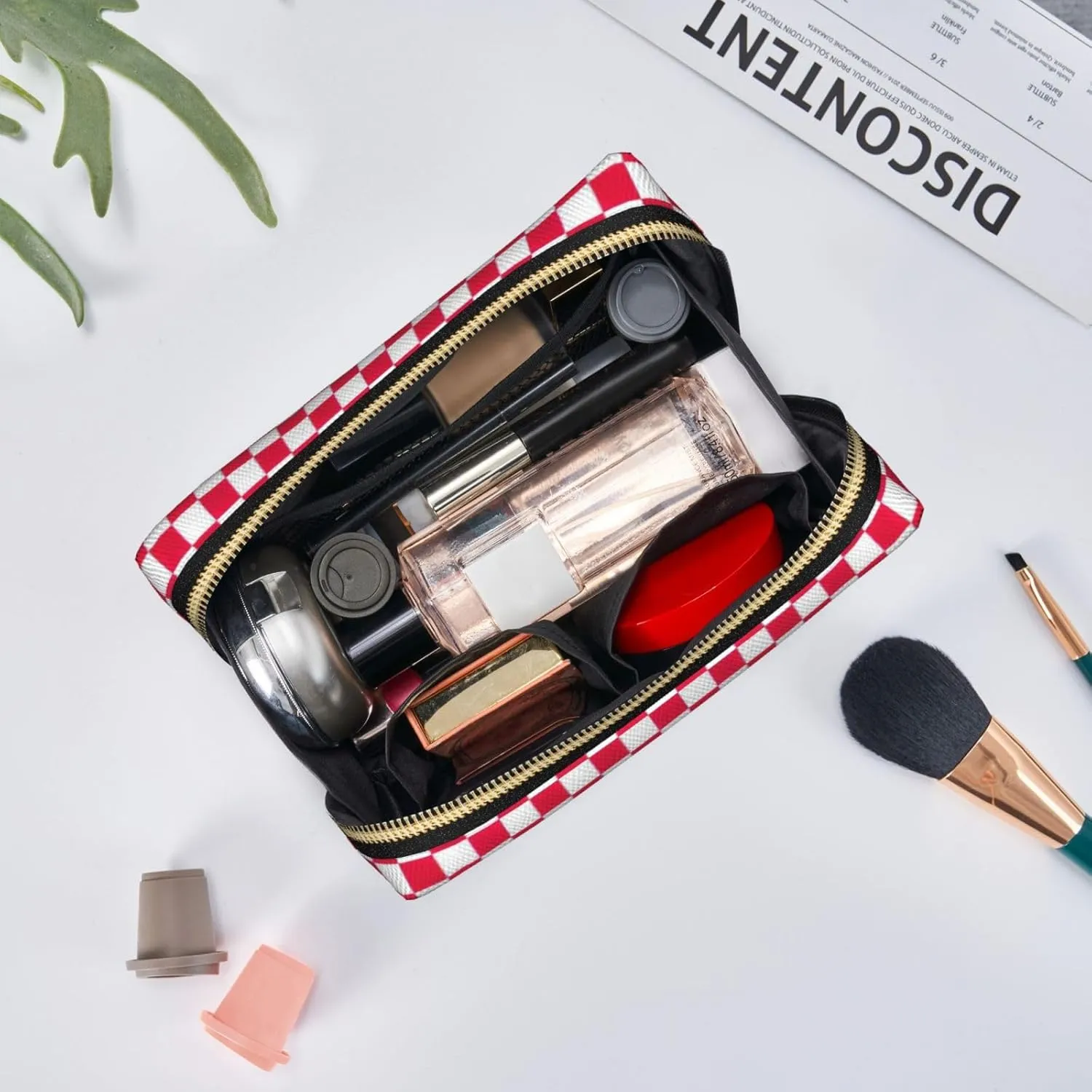 Red Checkered White Squares Toiletry Pouch, Travel-Friendly Makeup Organizer For Makeup Brushes, Lipsticks