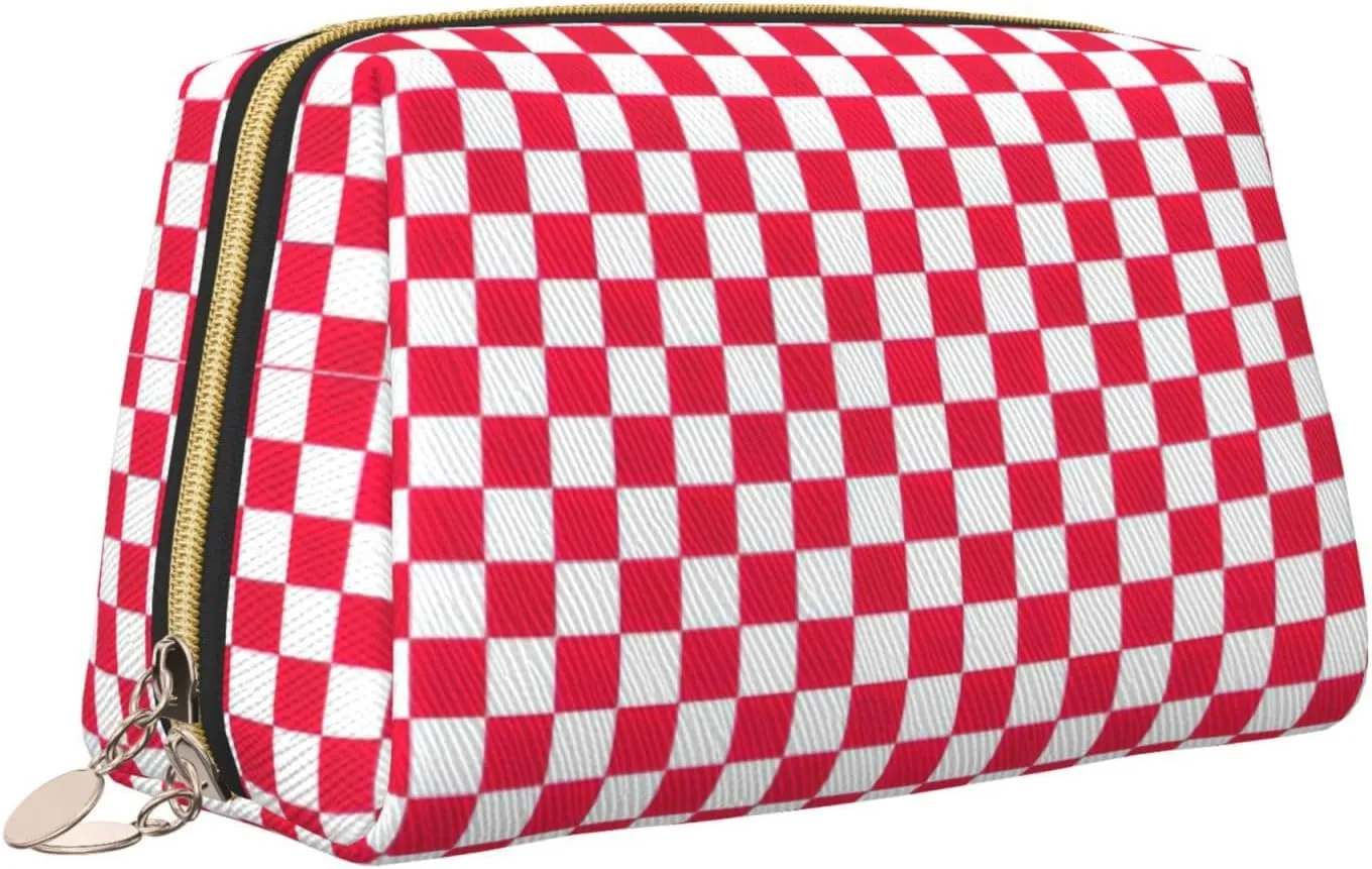 Red Checkered White Squares Toiletry Pouch, Travel-Friendly Makeup Organizer For Makeup Brushes, Lipsticks