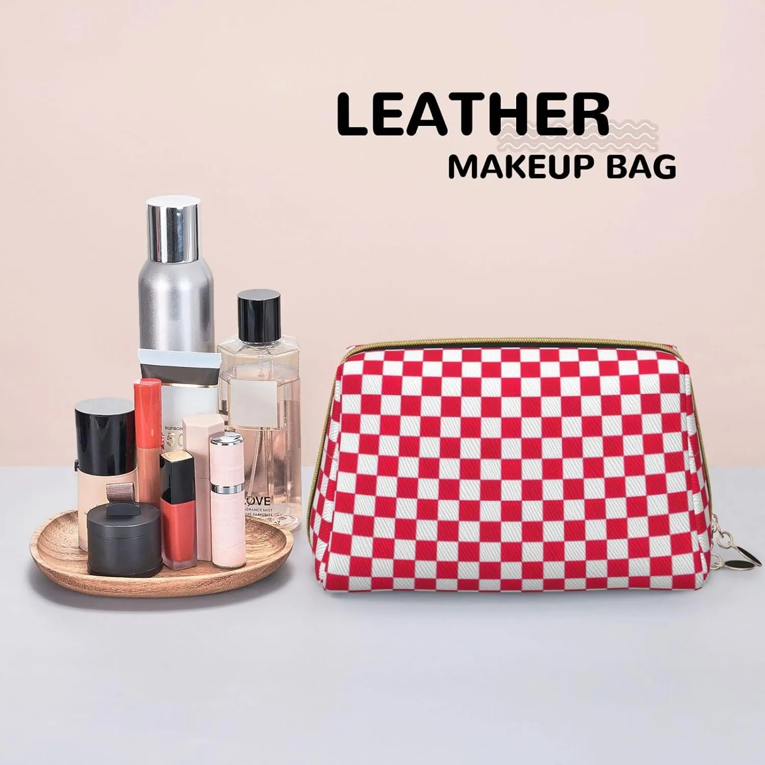 Red Checkered White Squares Toiletry Pouch, Travel-Friendly Makeup Organizer For Makeup Brushes, Lipsticks
