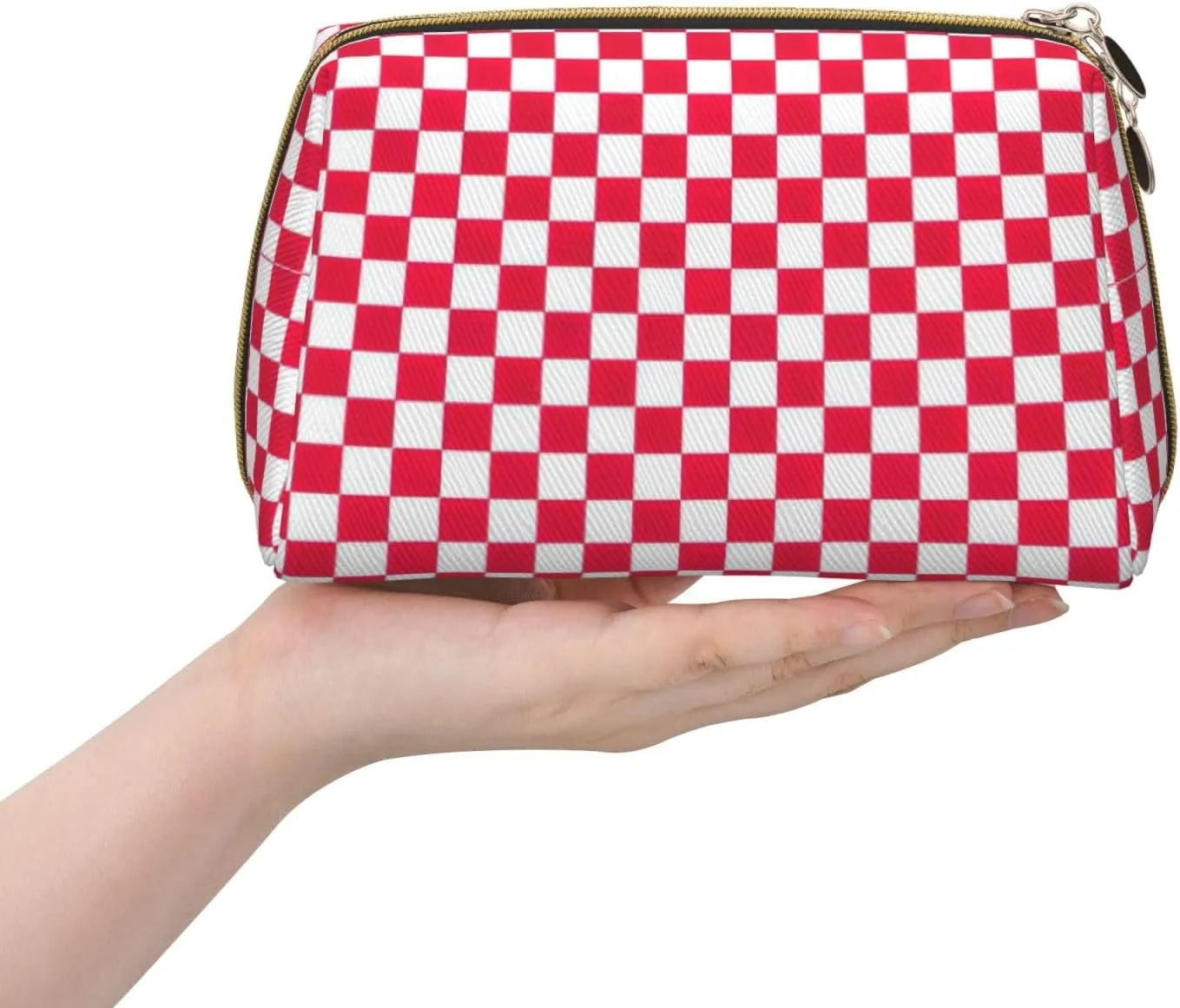 Red Checkered White Squares Toiletry Pouch, Travel-Friendly Makeup Organizer For Makeup Brushes, Lipsticks
