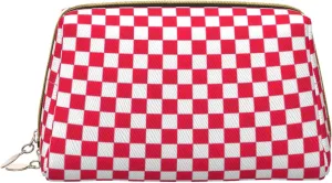 Red Checkered White Squares Toiletry Pouch, Travel-Friendly Makeup Organizer For Makeup Brushes, Lipsticks