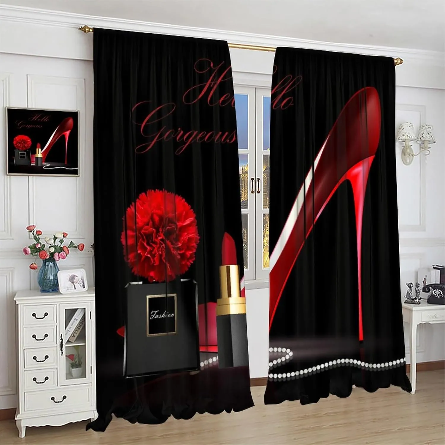 Red High Heel Bathroom Curtains,Gorgeous Black Perfume Rose Flower Lipstick Fashion Makeup Romantic Women Girls Bedroom Living Room Home Decor Blackout Drapes 52x84in