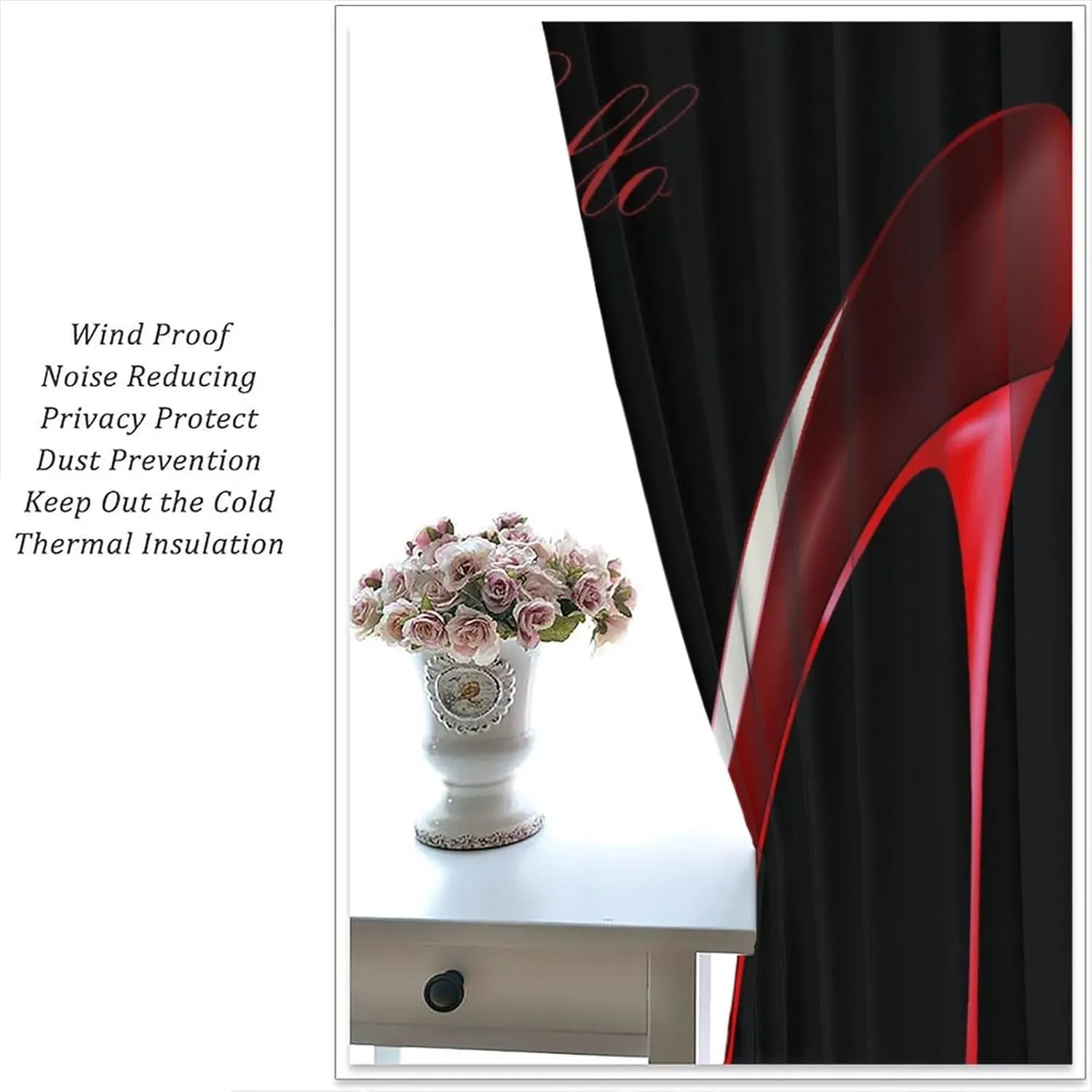 Red High Heel Bathroom Curtains,Gorgeous Black Perfume Rose Flower Lipstick Fashion Makeup Romantic Women Girls Bedroom Living Room Home Decor Blackout Drapes 52x84in