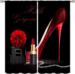 Red High Heel Bathroom Curtains,Gorgeous Black Perfume Rose Flower Lipstick Fashion Makeup Romantic Women Girls Bedroom Living Room Home Decor Blackout Drapes 52x84in
