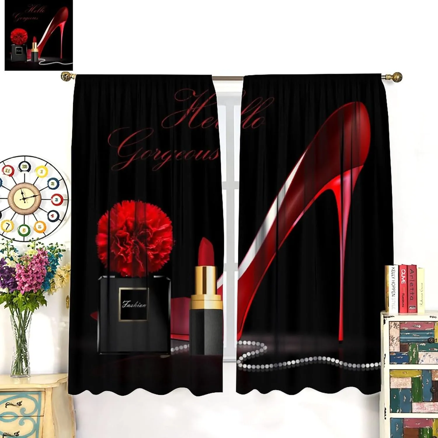 Red High Heel Bathroom Curtains,Gorgeous Black Perfume Rose Flower Lipstick Fashion Makeup Romantic Women Girls Bedroom Living Room Home Decor Blackout Drapes 52x84in