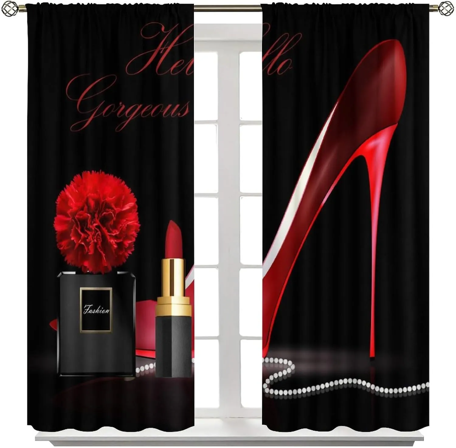 Red High Heel Bathroom Curtains,Gorgeous Black Perfume Rose Flower Lipstick Fashion Makeup Romantic Women Girls Bedroom Living Room Home Decor Blackout Drapes 52x84in