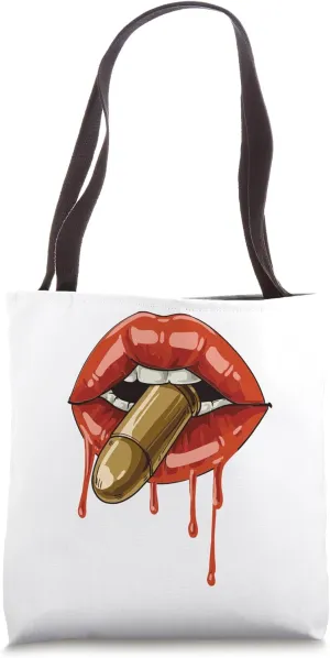 Red Lipstick Bites On Guns Cartridge Lips Pop Art Tote Bag