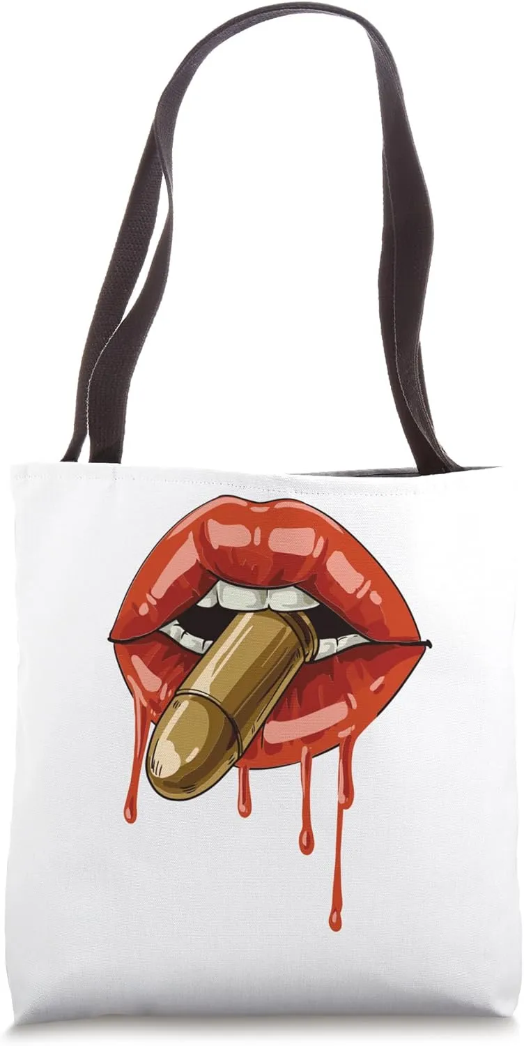 Red Lipstick Bites On Guns Cartridge Lips Pop Art Tote Bag