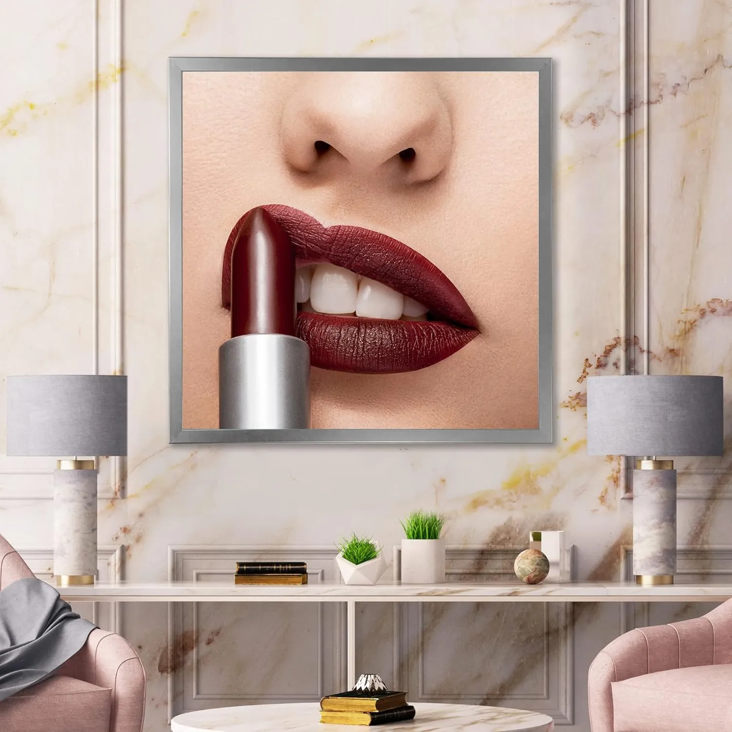 Red Lipstick Getting Applyed On Lips Modern Framed Wall Art