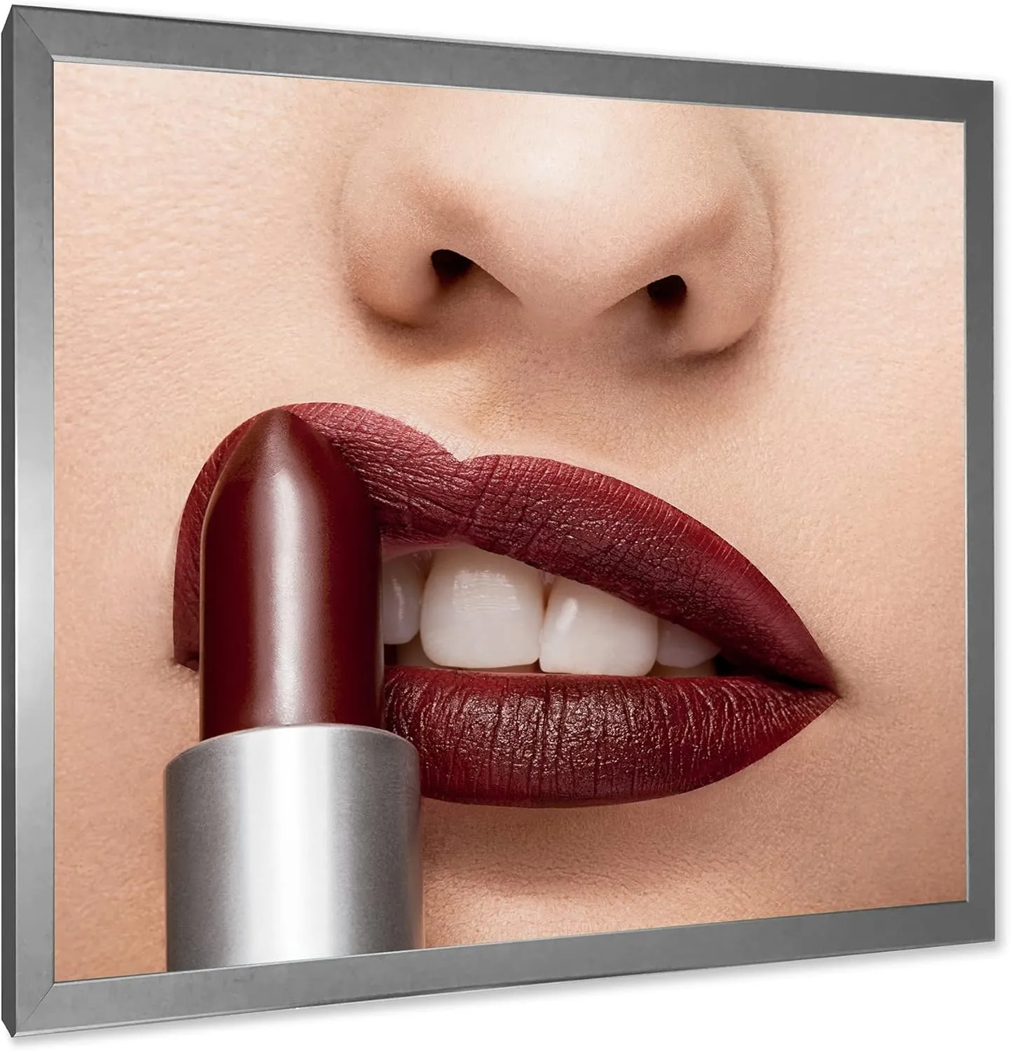 Red Lipstick Getting Applyed On Lips Modern Framed Wall Art