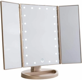 REDSHORE USB Tri-fold Makeup Mirror, 1x/2x/5x/10x Magnifying Led Cosmetic Mirror,90° Rotation Beauty Mirror for Home Tabletop Bathroom Shower Travel (Champagne Gold)