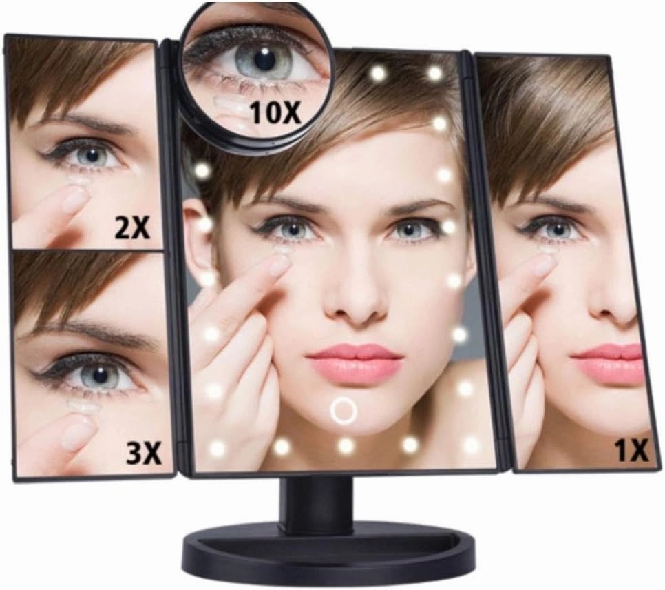 REDSHORE USB Tri-fold Makeup Mirror, 1x/2x/5x/10x Magnifying Led Cosmetic Mirror,90° Rotation Beauty Mirror for Home Tabletop Bathroom Shower Travel (Champagne Gold)
