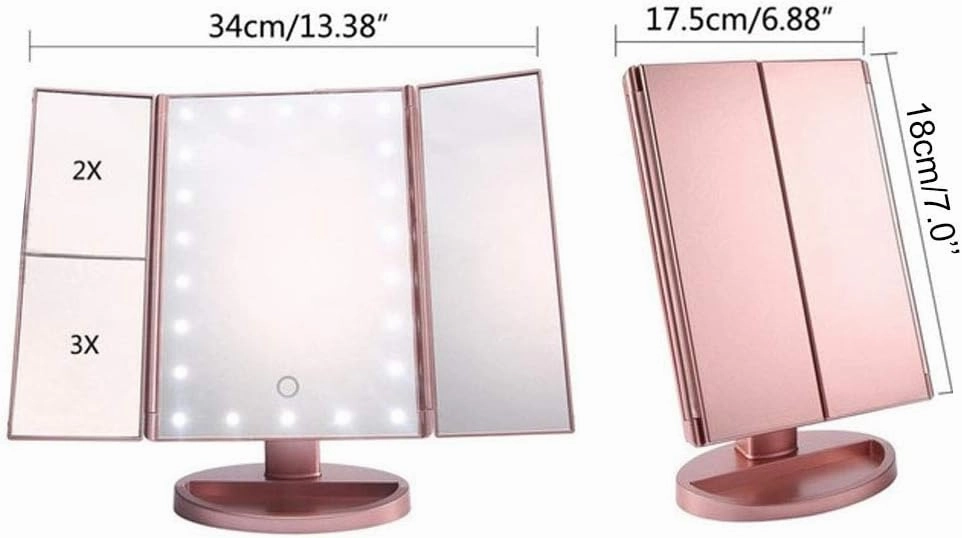 REDSHORE USB Tri-fold Makeup Mirror, 1x/2x/5x/10x Magnifying Led Cosmetic Mirror,90° Rotation Beauty Mirror for Home Tabletop Bathroom Shower Travel (Champagne Gold)
