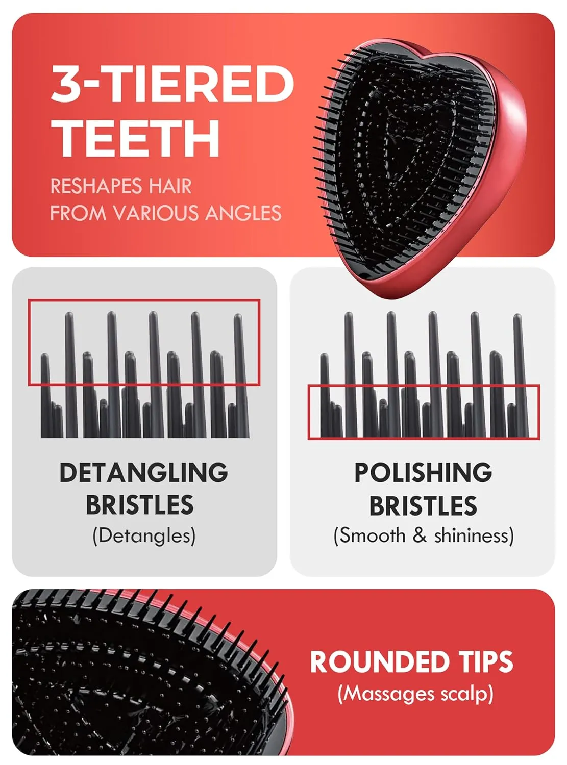 ReFa Heart Brush SHINE RED | Heart Shaped Detangler for Thick Hair | No Tangle Travel Brush for Women