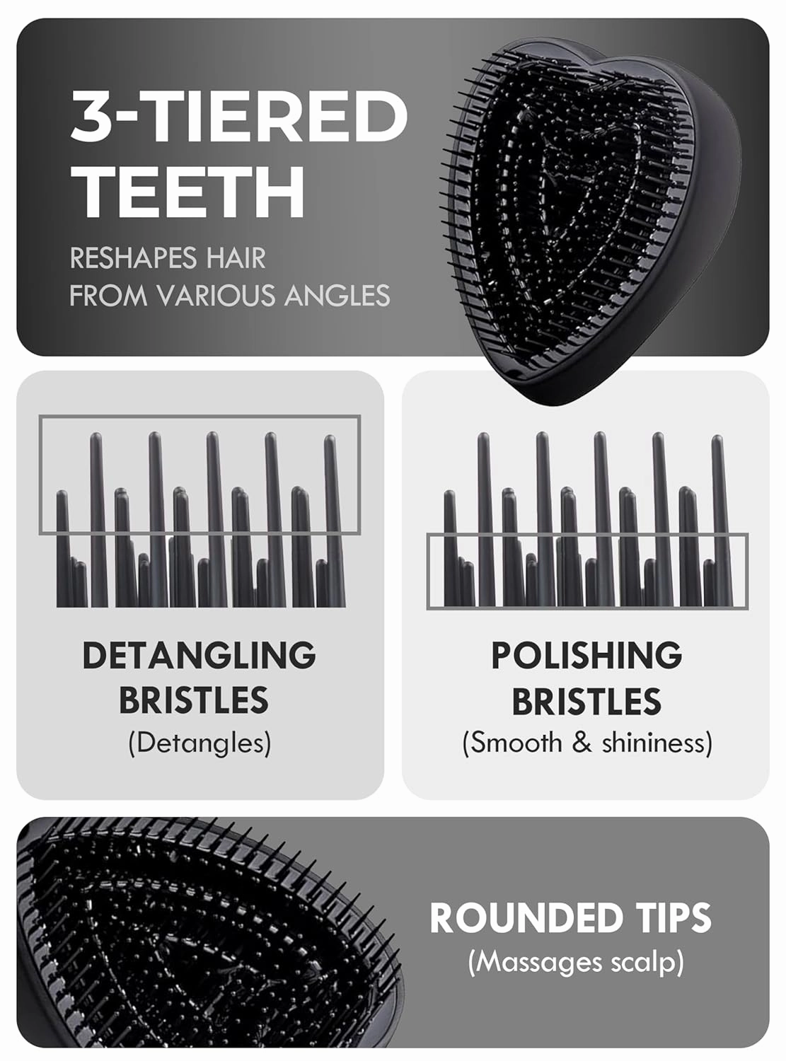 ReFa Heart Brush MATTE BLACK | Heart Shaped No Tangle Brush for Women | Small Detangler for Thick Hair | Portable