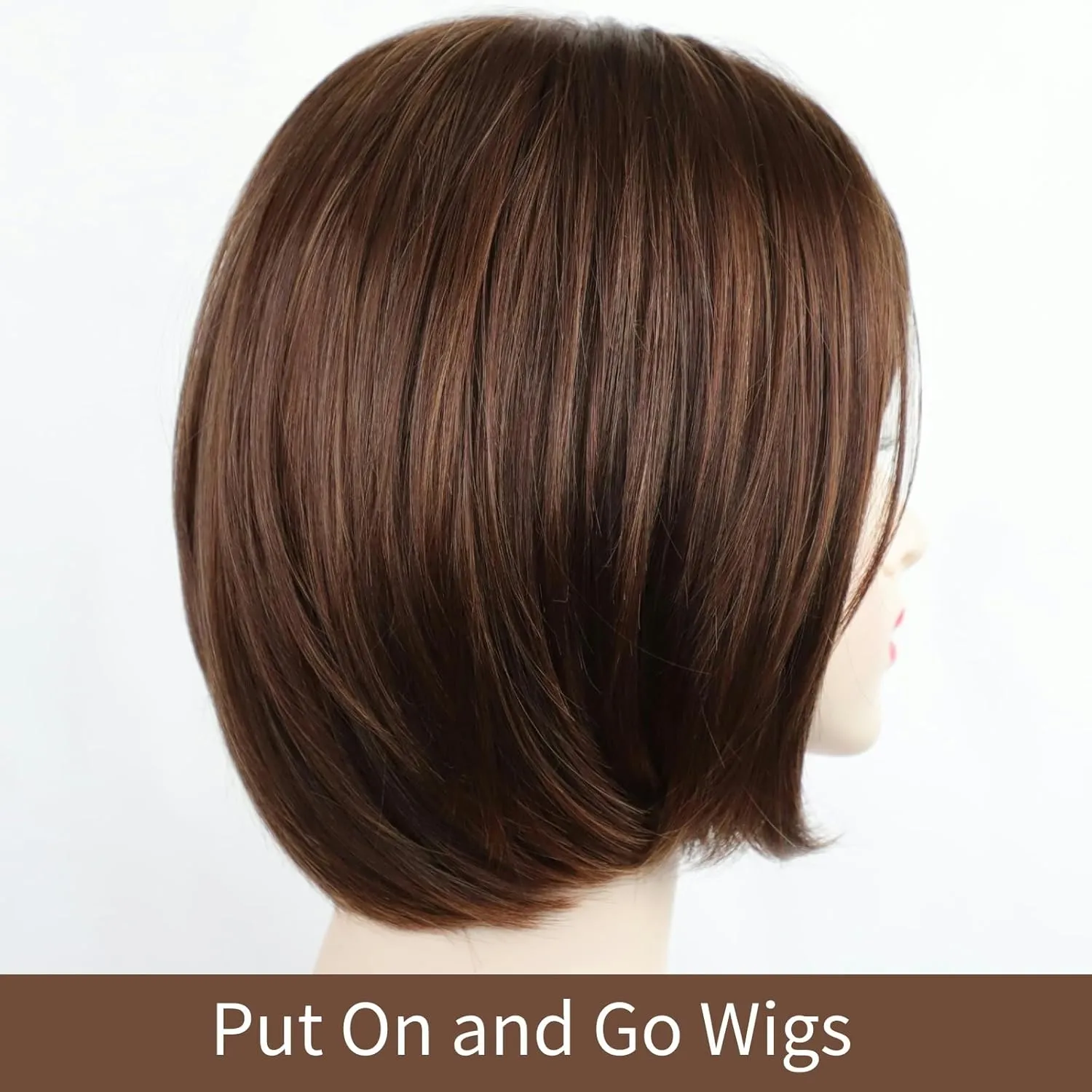 RENERSHOW Short Brown Bob Wigs for Women Brown Mixed Blonde Synthetic Wig with Bangs Natural Looking Daily Party Wig