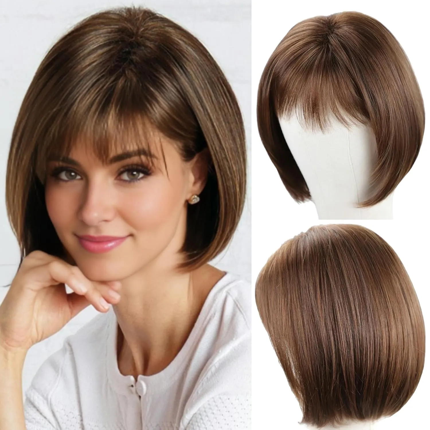 RENERSHOW Short Brown Bob Wigs for Women Brown Mixed Blonde Synthetic Wig with Bangs Natural Looking Daily Party Wig