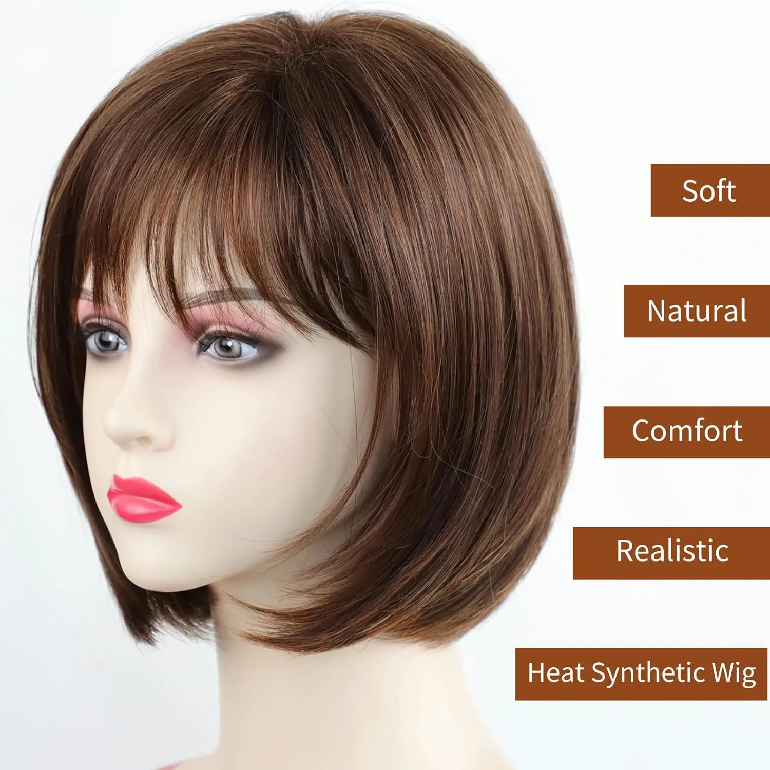 RENERSHOW Short Brown Bob Wigs for Women Brown Mixed Blonde Synthetic Wig with Bangs Natural Looking Daily Party Wig
