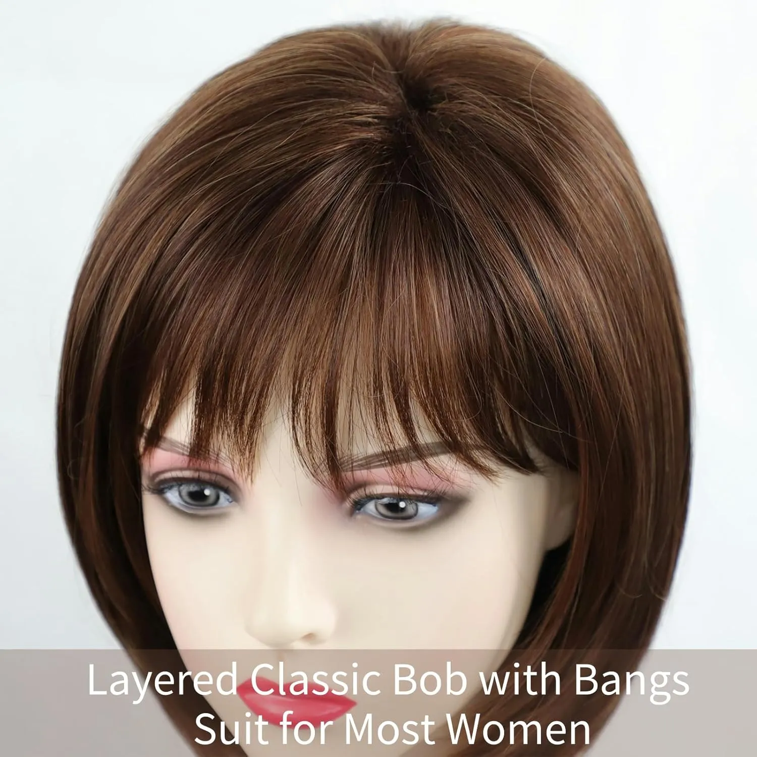 RENERSHOW Short Brown Bob Wigs for Women Brown Mixed Blonde Synthetic Wig with Bangs Natural Looking Daily Party Wig
