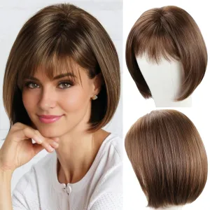 RENERSHOW Short Brown Bob Wigs for Women Brown Mixed Blonde Synthetic Wig with Bangs Natural Looking Daily Party Wig