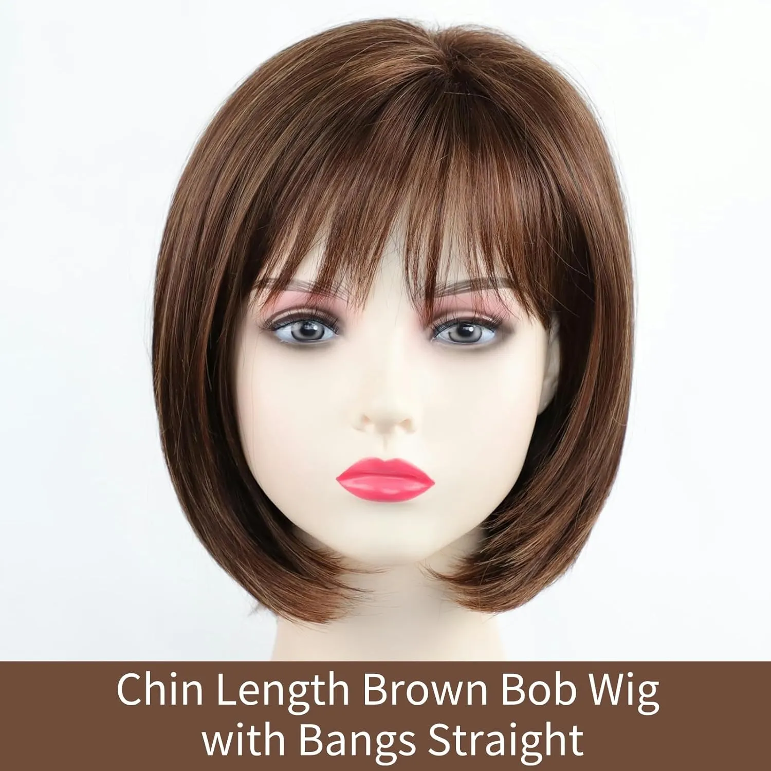 RENERSHOW Short Brown Bob Wigs for Women Brown Mixed Blonde Synthetic Wig with Bangs Natural Looking Daily Party Wig