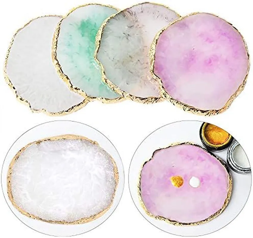 Resin Nail Art Palette,Nail Art Painting Mixed Color Palette Gold Edge Nail Gel Color Makeup Display Board (White)