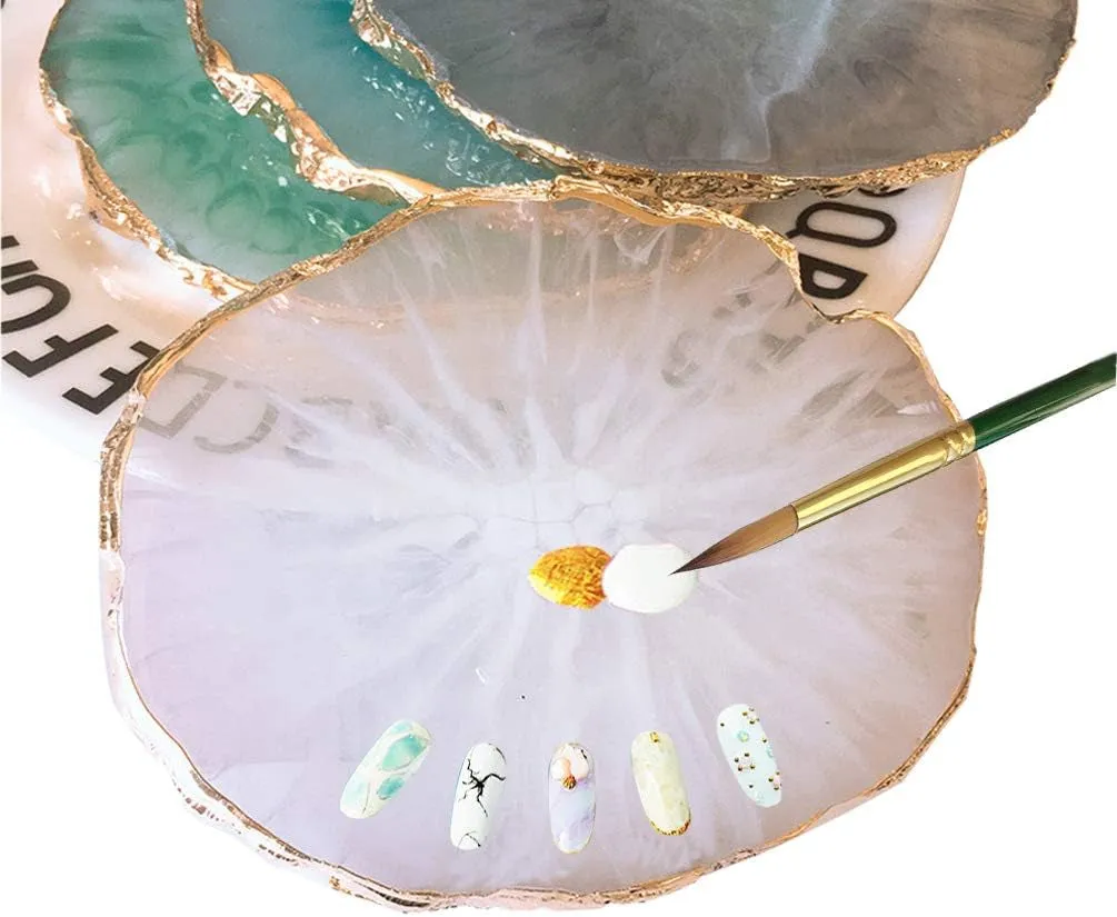 Resin Nail Art Palette,Nail Art Painting Mixed Color Palette Gold Edge Nail Gel Color Makeup Display Board (White)