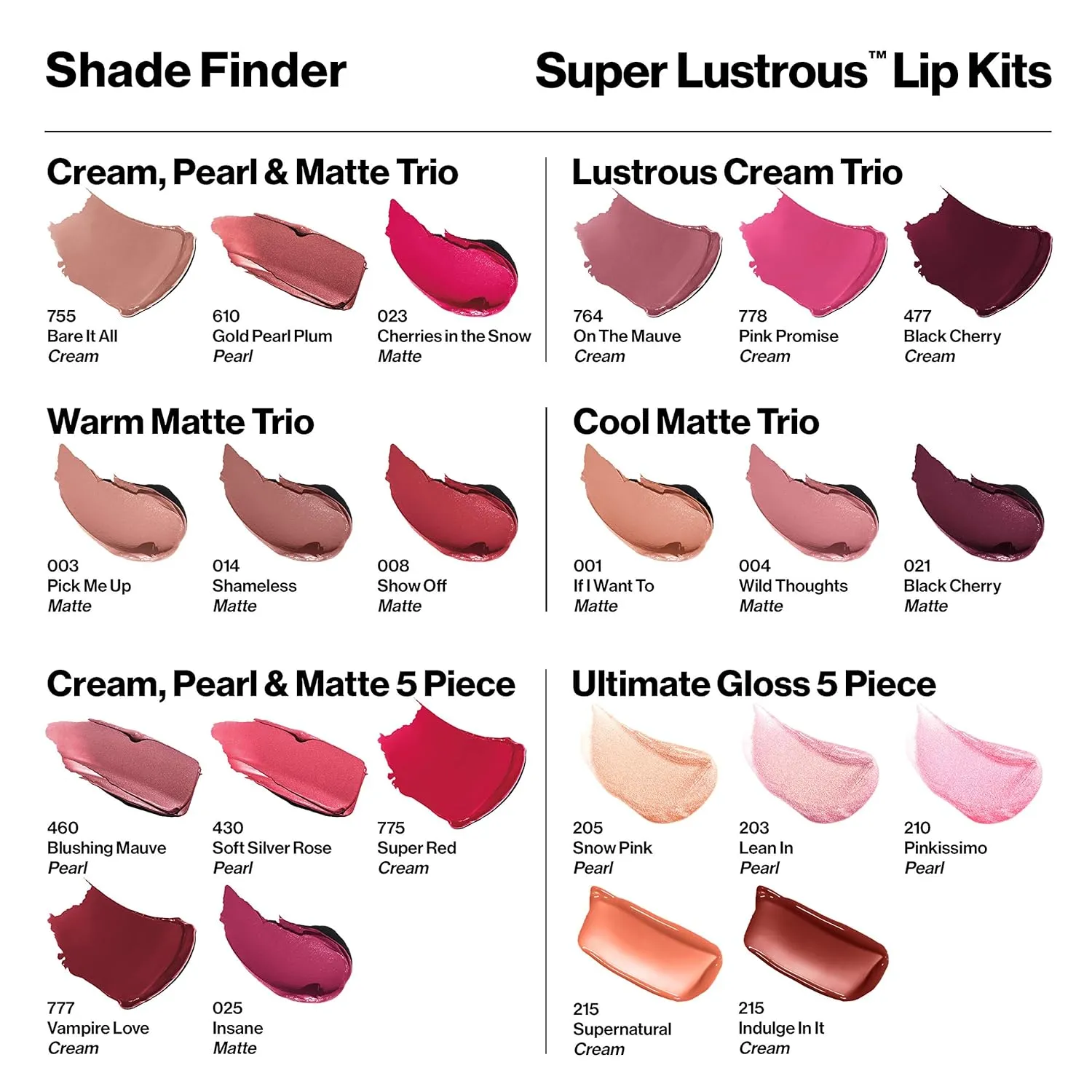 Revlon Super Lustrous 3-Piece Lipstick Gift Set, High Impact, Multi-Finish in Cream, Pearl & Matte, 755 Bare It All (Cream), 610 Gold Pearl Plum (Pearl), 023 Cherries in the Snow (Matte) (Pack of 3)