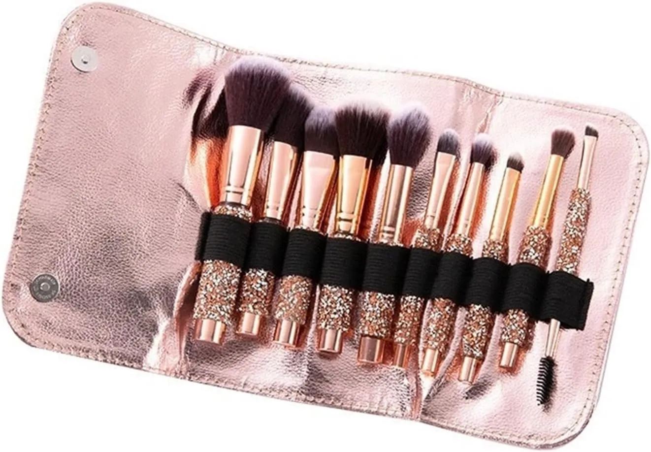 Rhinestone Makeup Brushes Set 10 Piece Essentials Makeup Brushes Foundation Powder Concealers Eye Shadows Professional Beauty Cosmetic Brushes With Bag For Face Make Up Tools