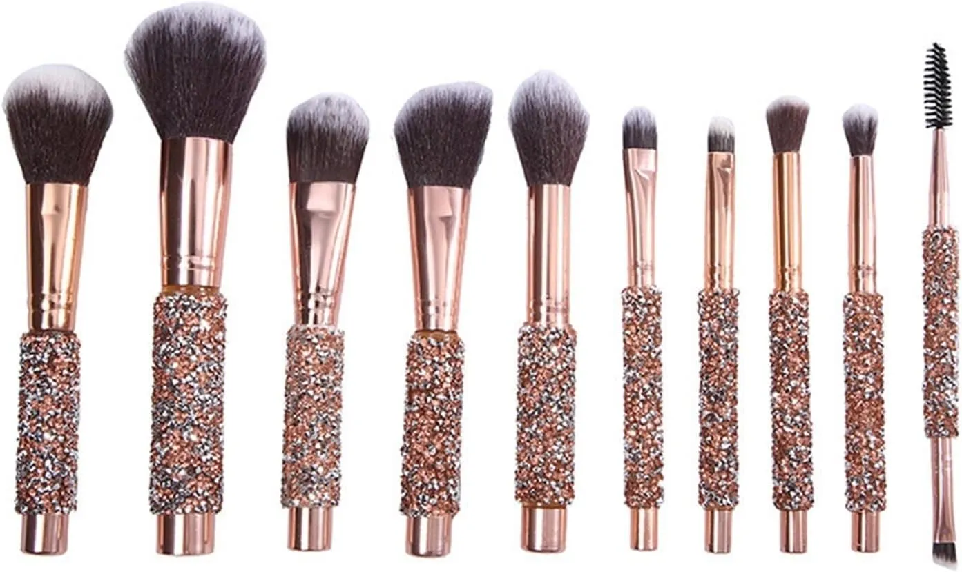 Rhinestone Makeup Brushes Set 10 Piece Essentials Makeup Brushes Foundation Powder Concealers Eye Shadows Professional Beauty Cosmetic Brushes With Bag For Face Make Up Tools