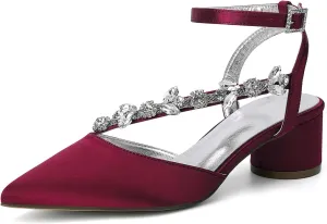 Rhinestones Satin Strappy Wedding Shoes Pointed Toe Block Low Heel Bridal Shoes Women Party Sandals 4.5CM Closed Toe Ankle Strap Pumps for Prom,Wine red,11.5
