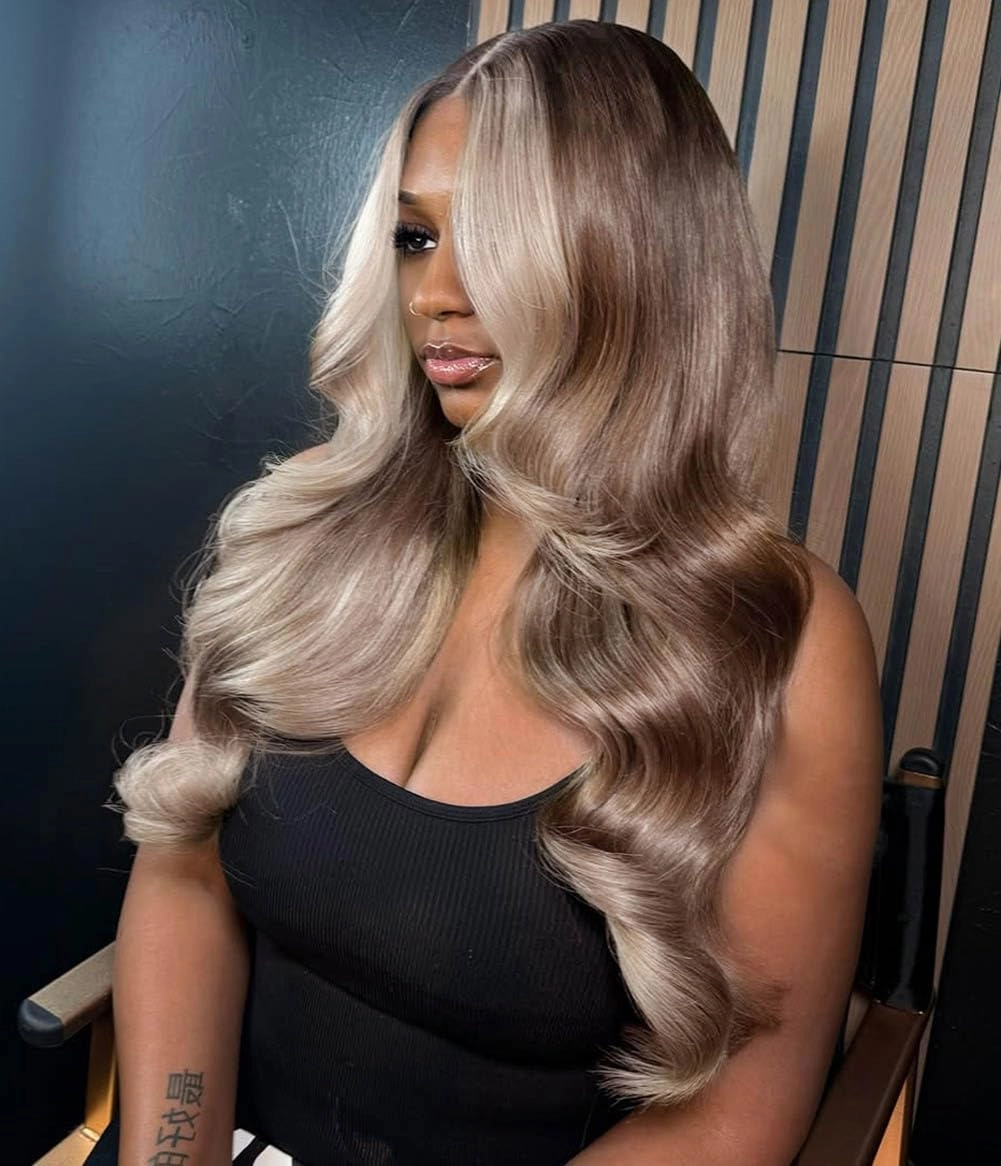 Rina Ash Brown with Skunk Stripe 613 Lace Front Wig Human Hair Summer Choice Fashion 210% Density Body Wave Champagne with Platinum Blonde Highlights 13x4 Lace Front Wig for Women 20 Inch