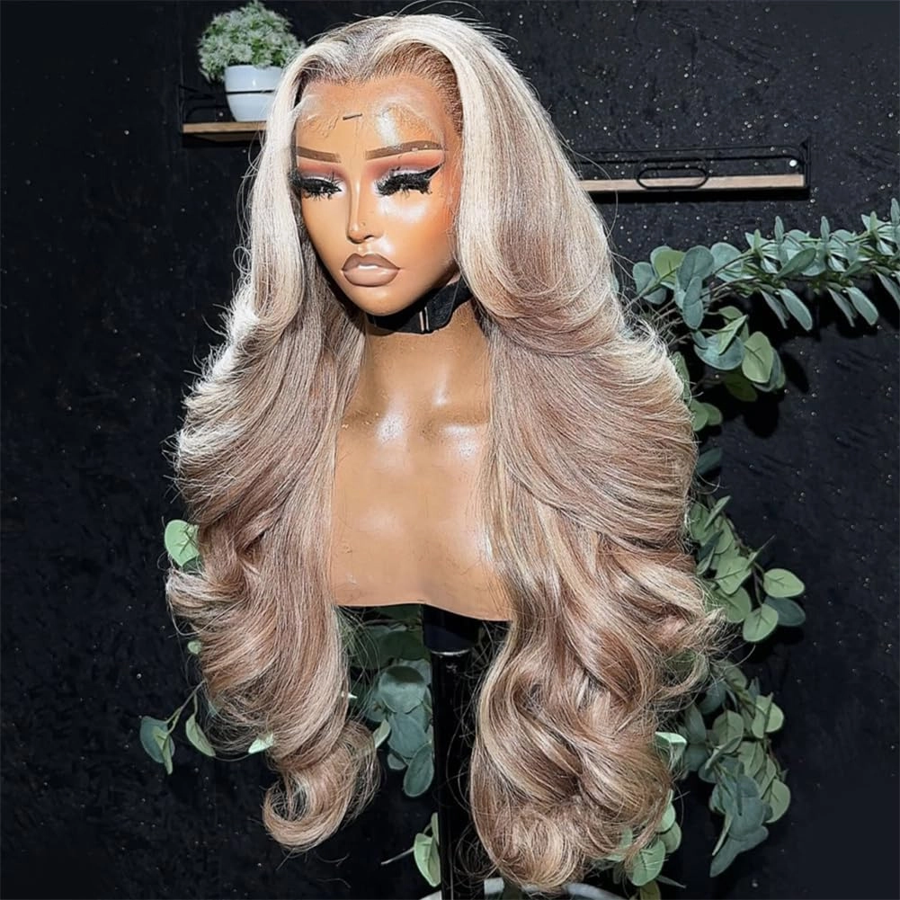Rina Ash Brown with Skunk Stripe 613 Lace Front Wig Human Hair Summer Choice Fashion 210% Density Body Wave Champagne with Platinum Blonde Highlights 13x4 Lace Front Wig for Women 20 Inch